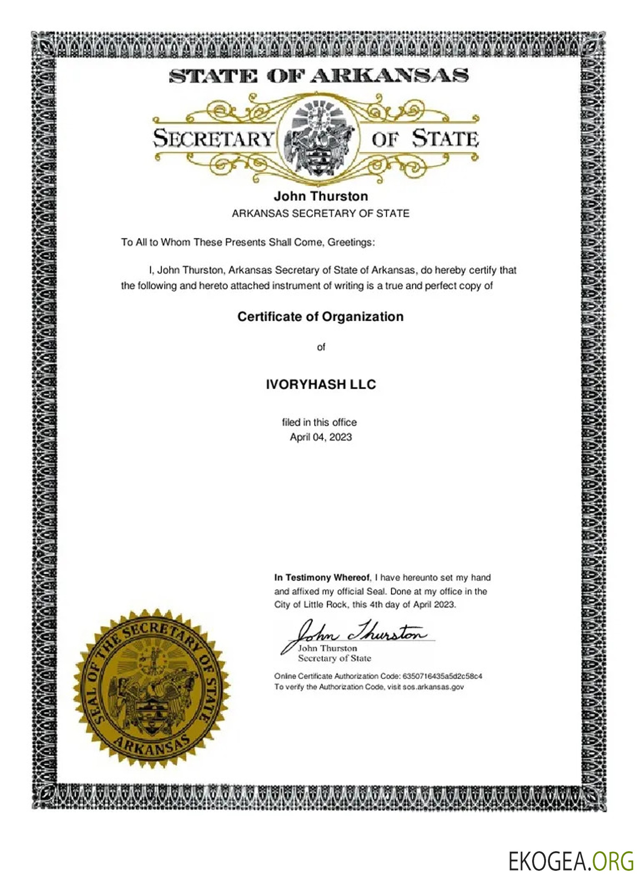 Certificat d'organisation de la société USA Arkanas